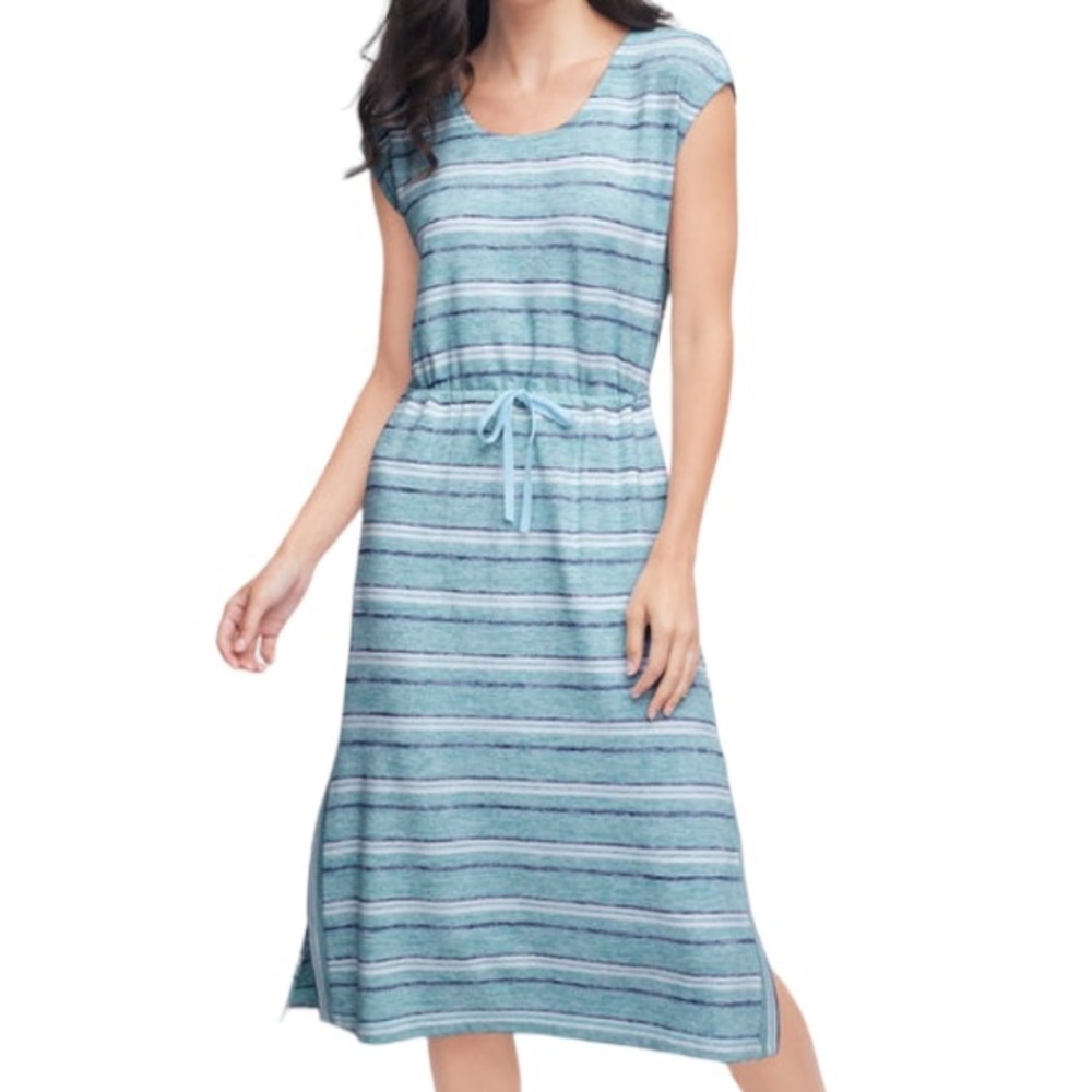 Talbots Womens Terry Cloth Drawstring Waist Midi Dress Coastal Stripe Size Small